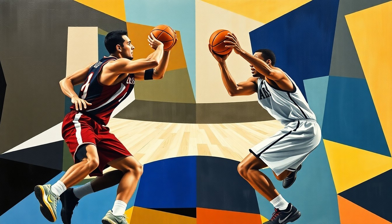 A fractured, multi-perspective painting breaking down a basketball game into sharp, overlapping geometric planes of color, capturing the intensity and dynamism of the sport.