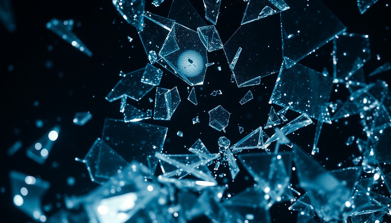 An abstract close-up photograph of shattered glass and glittering shards, reflecting a dim light and conveying a sense of disruption and controversy.