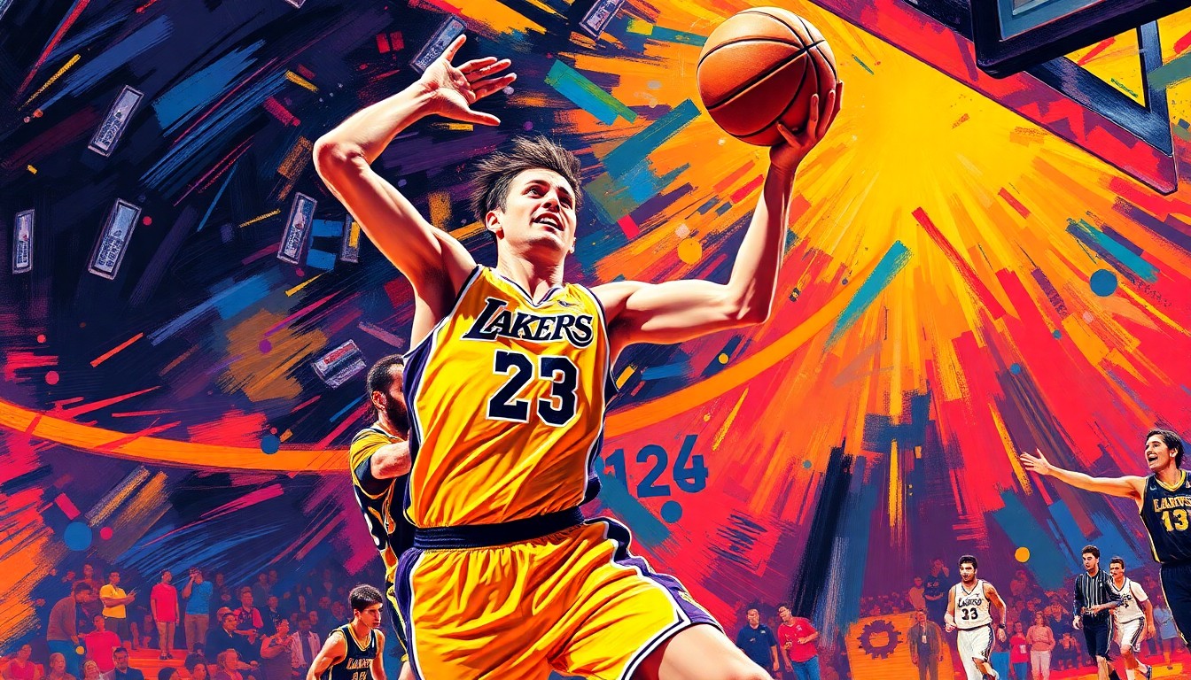 An abstract, energetic painting in neon colors depicting a basketball player driving to the hoop, with the movement and energy of the scene conveying the excitement of Dalton Knecht's performance.