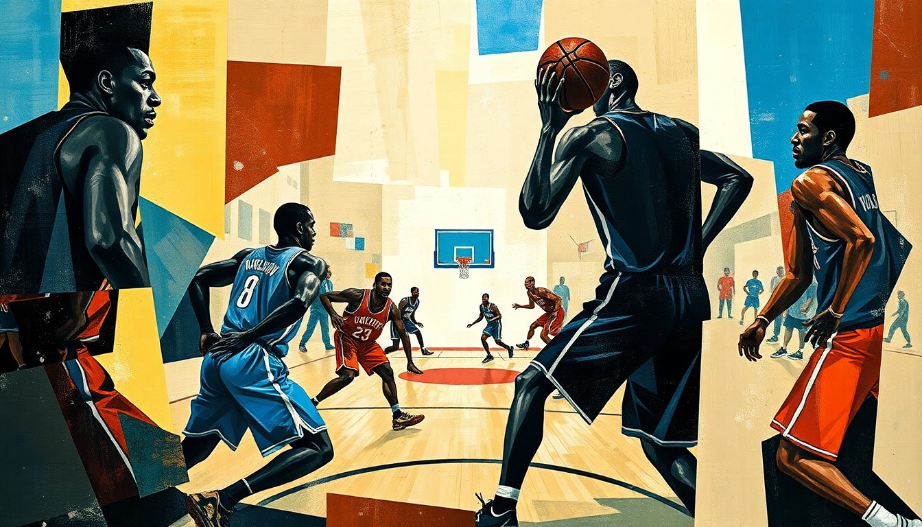 A fractured, cubist-style painting depicting the abstract forms of basketball players in motion, with sharp geometric planes of color and no identifiable features, representing the uncertainty and fragmentation of the Lakers' playoff situation without their key players.