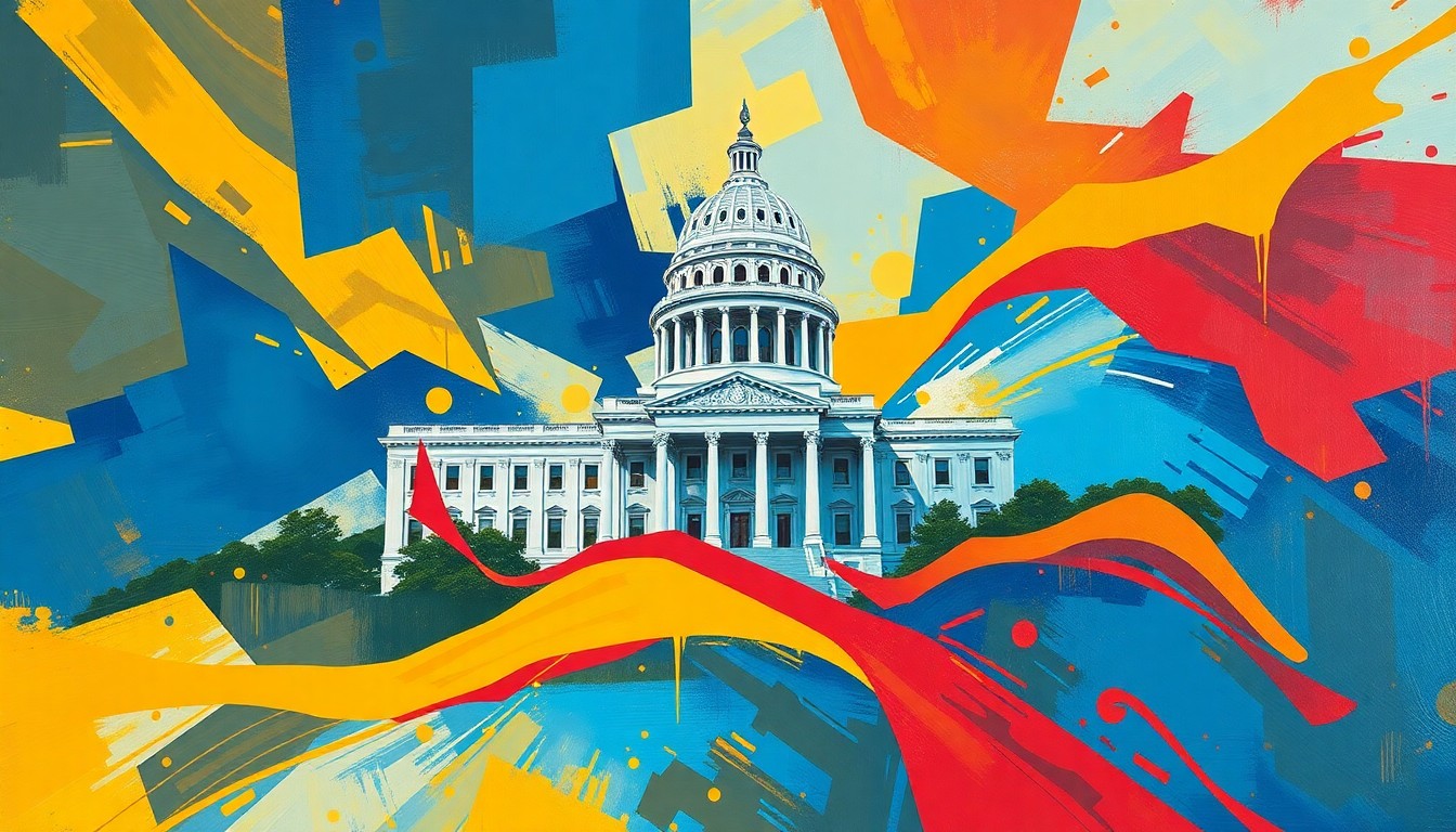 A vibrant, abstract painting featuring overlapping geometric shapes and waves of color, conceptually representing the dynamic and uncertain nature of California's gubernatorial race.