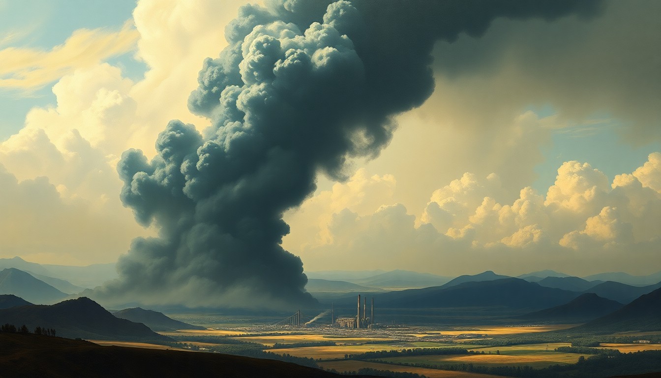 A sweeping, atmospheric landscape painting in muted tones, with a massive plume of dark smoke billowing up from a distant industrial complex, dwarfing the surrounding environment and conveying a sense of the overwhelming power of nature.