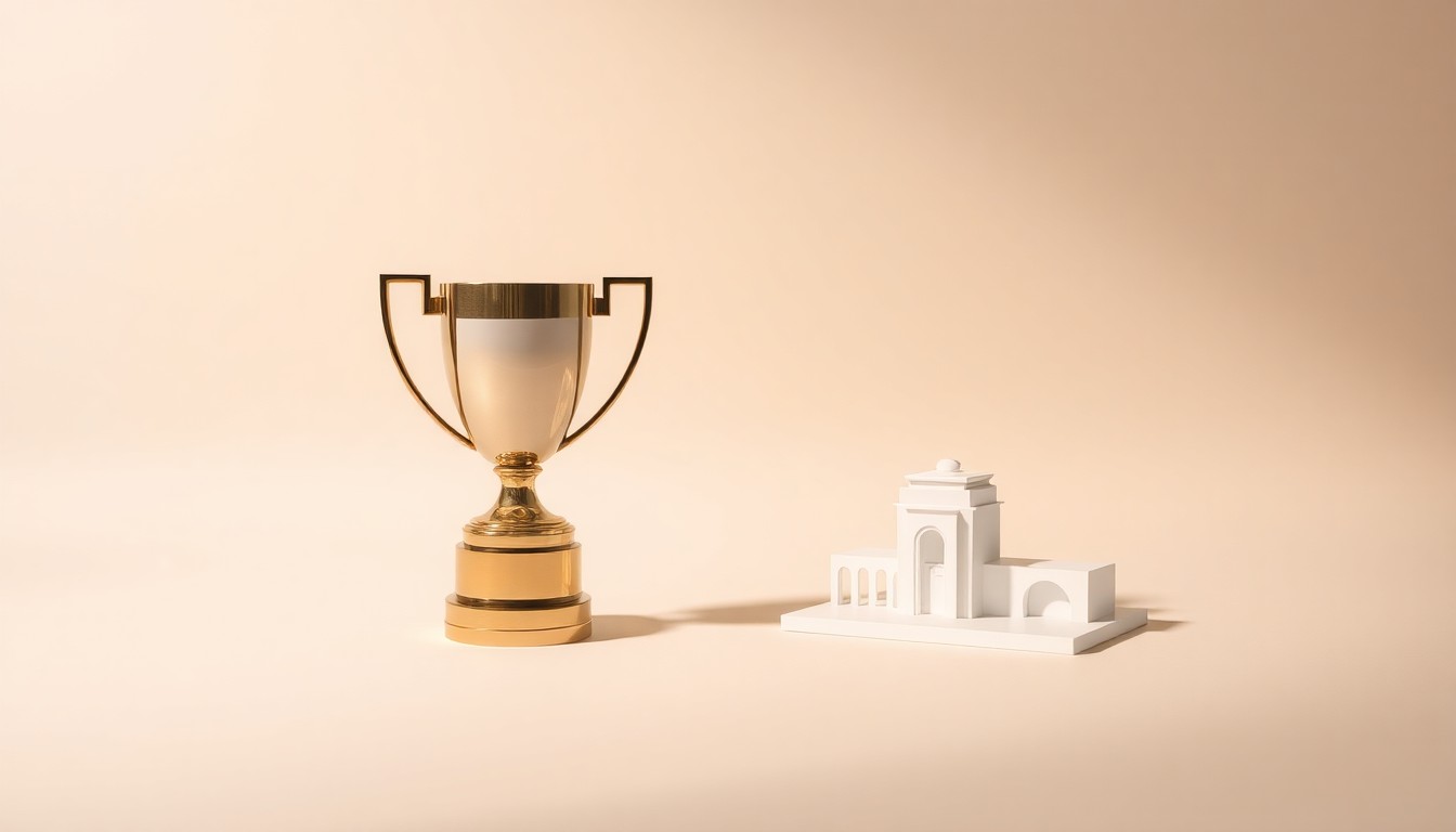 A photorealistic studio still-life photograph featuring a sleek, minimalist architectural model or trophy placed on a clean, monochromatic background, conceptually representing the complex financial negotiations over public funding for a new sports stadium.