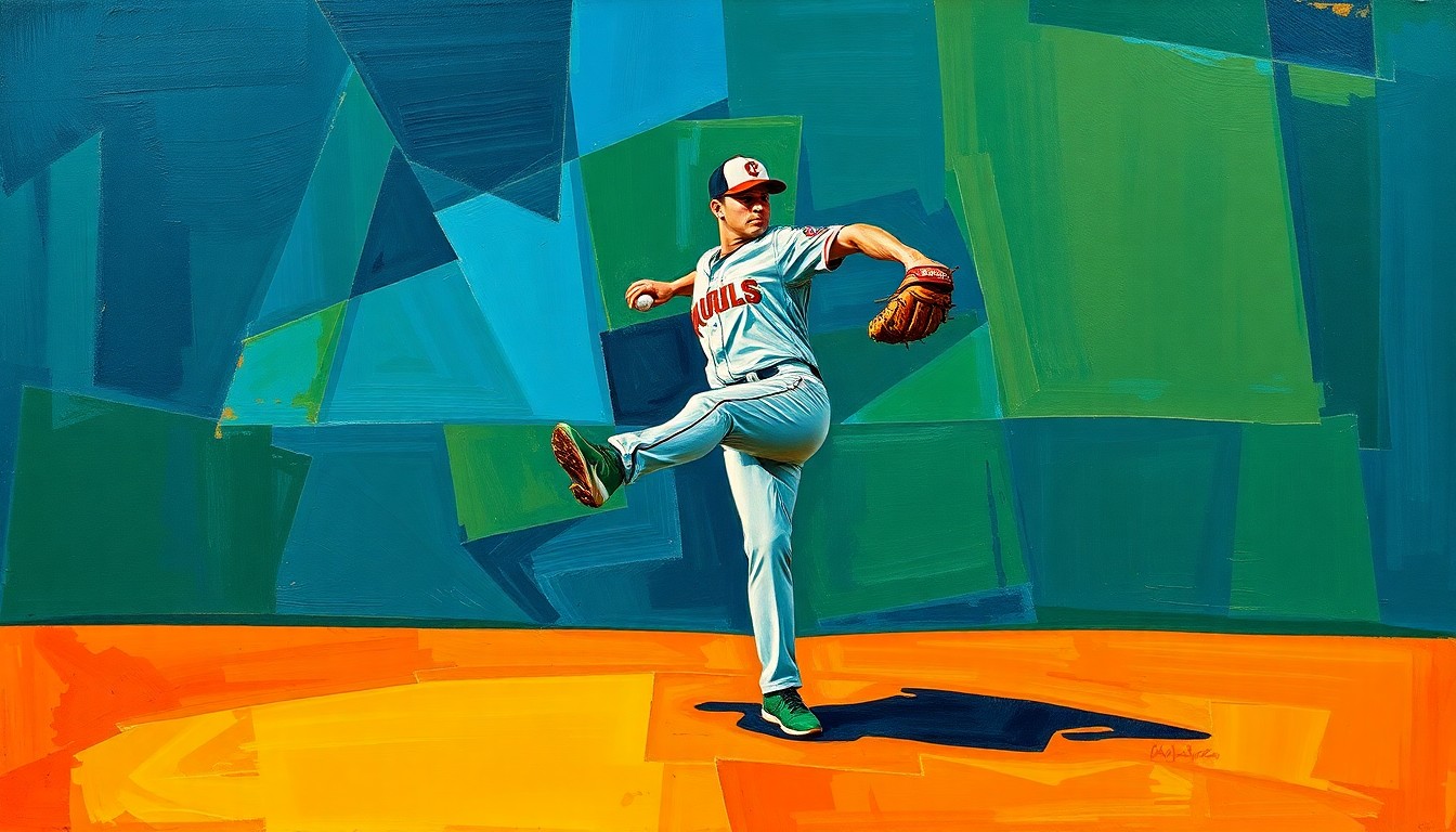 A fragmented, geometric painting depicting a baseball pitcher's windup and delivery, with sharp, overlapping shapes in navy, green, and orange representing the raw athleticism of the sport.