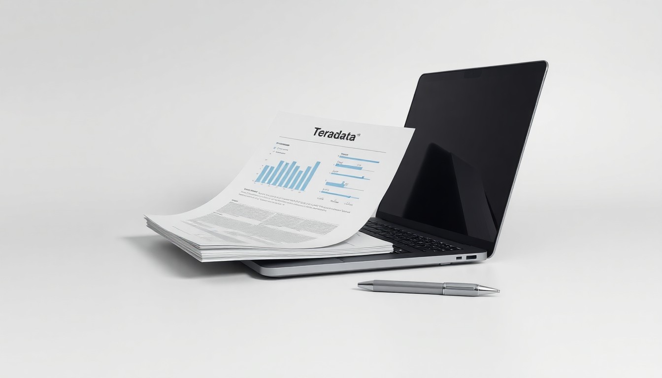 A photorealistic studio still life featuring a modern laptop, financial reports, and a pen arranged elegantly on a clean, monochromatic background, symbolizing the data-driven nature of Teradata's business.