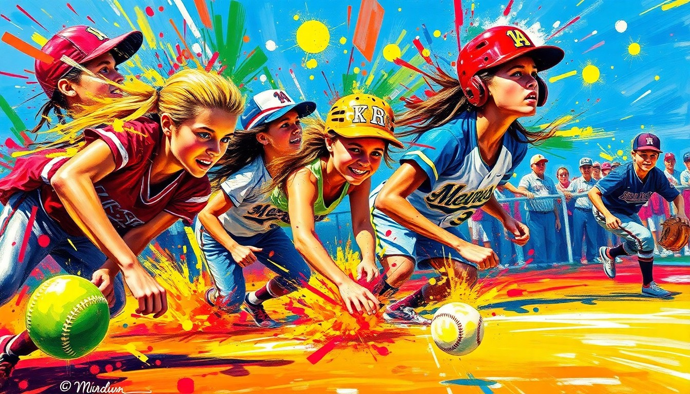 An abstract, energetic painting with vibrant neon brushstrokes representing the intense action and competition of a high school softball game.
