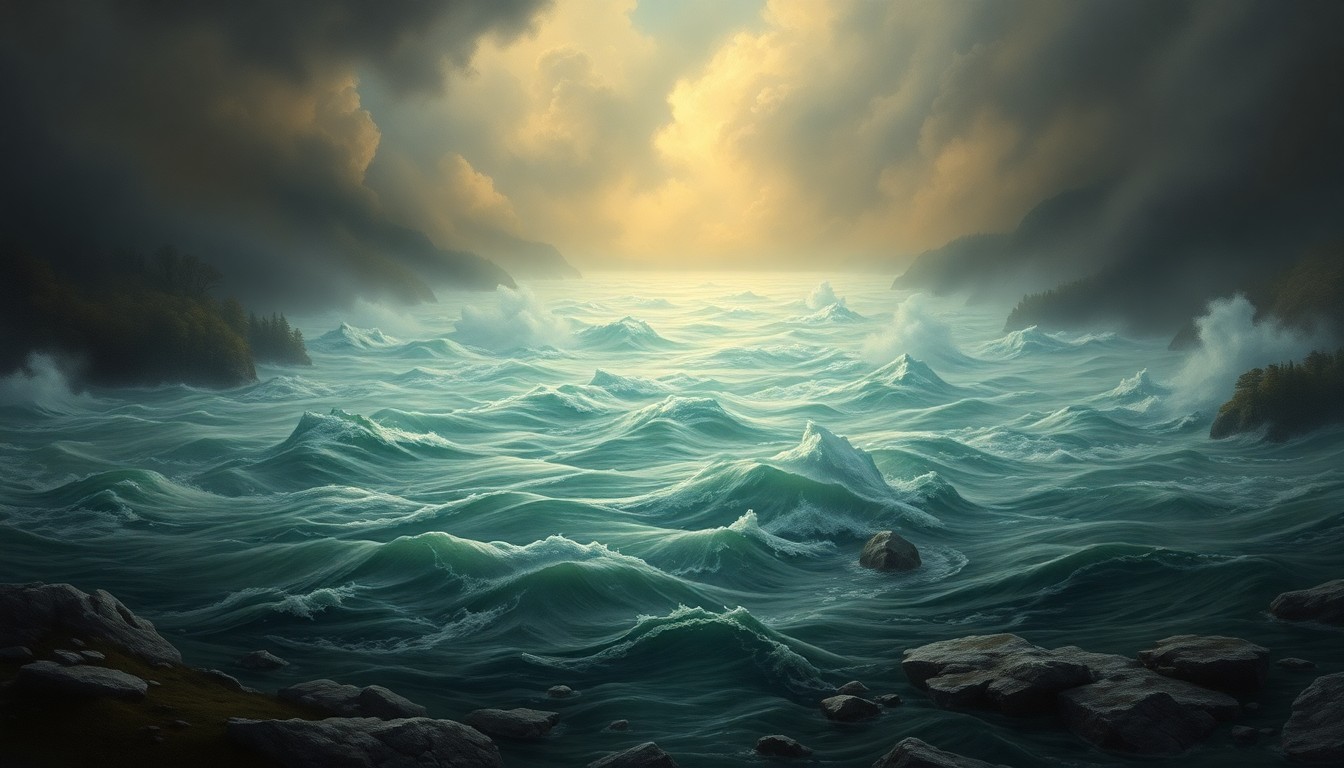 A vast, majestic landscape painting depicting the Manitowoc River swollen with floodwaters, overflowing its banks and dwarfing any visible structures or human elements. The scene conveys a sense of the overwhelming, sublime power of nature, with dramatic lighting and deep atmospheric perspective.