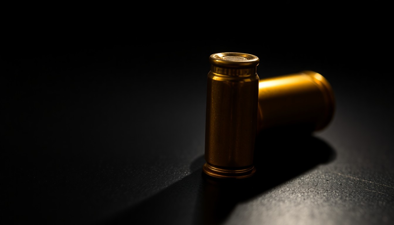 An extreme close-up of a single bullet casing on a dark surface, lit by a harsh, direct camera flash, conceptually representing the evidence gathered by authorities in the investigation of the Offset casino shooting.