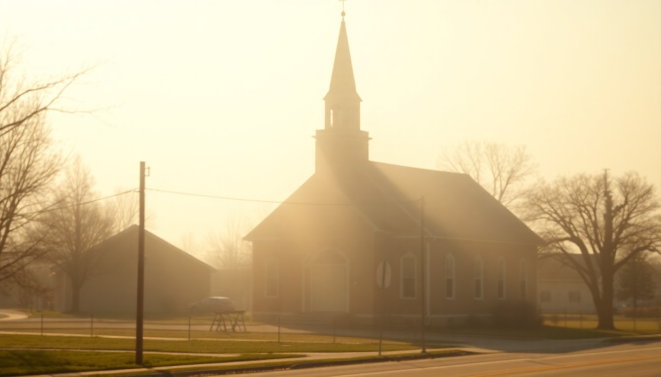 An impressionistic, out-of-focus photograph in soft, warm tones depicting the exterior of a small Midwestern church, the steeple just barely visible through a hazy veil of condensation, conceptually representing a community coming together to honor a longtime resident.
