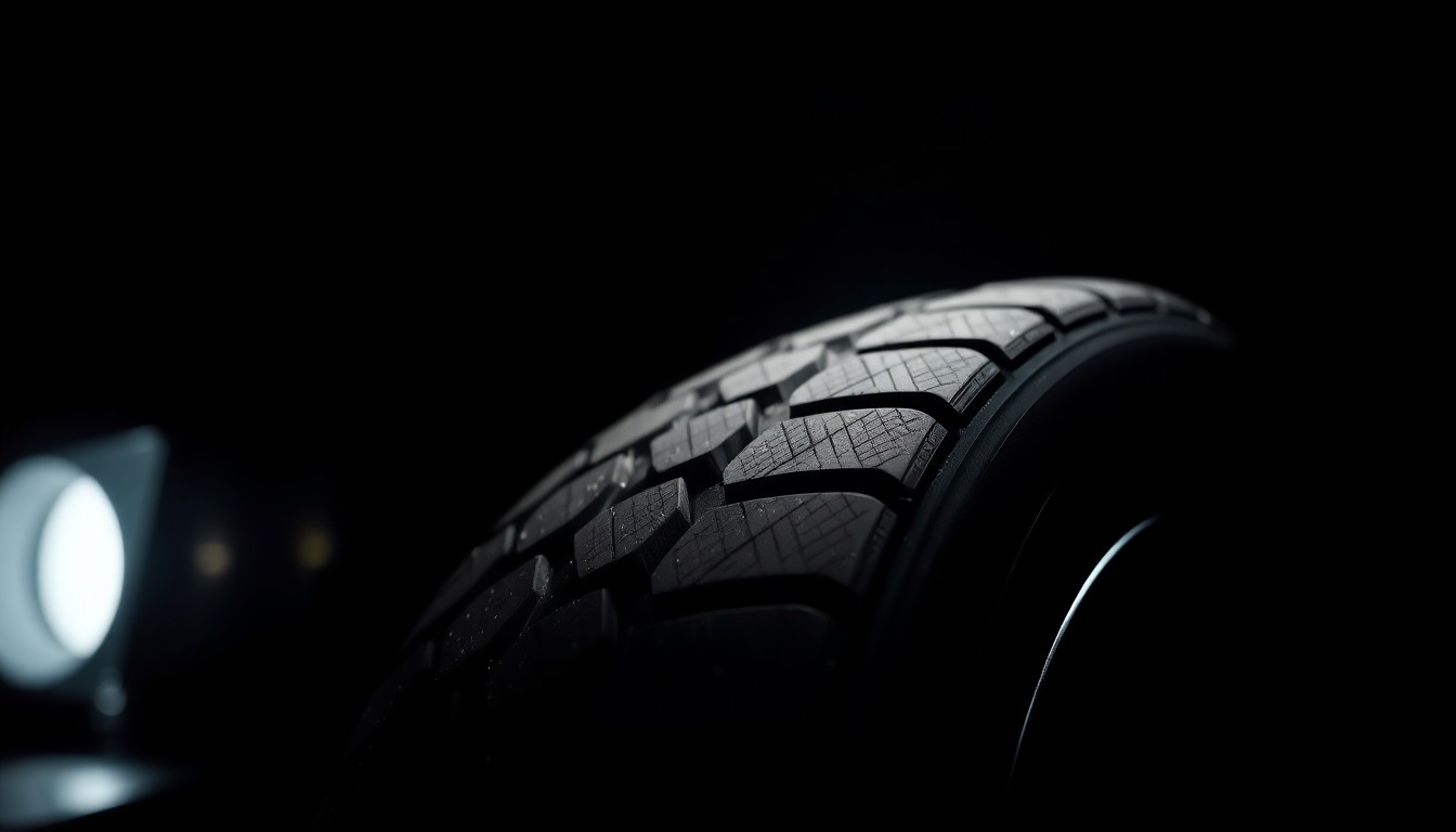 An extreme close-up photograph of a police car's tire tread against a pitch-black background, lit by a harsh, direct camera flash, creating a stark, gritty, investigative aesthetic.