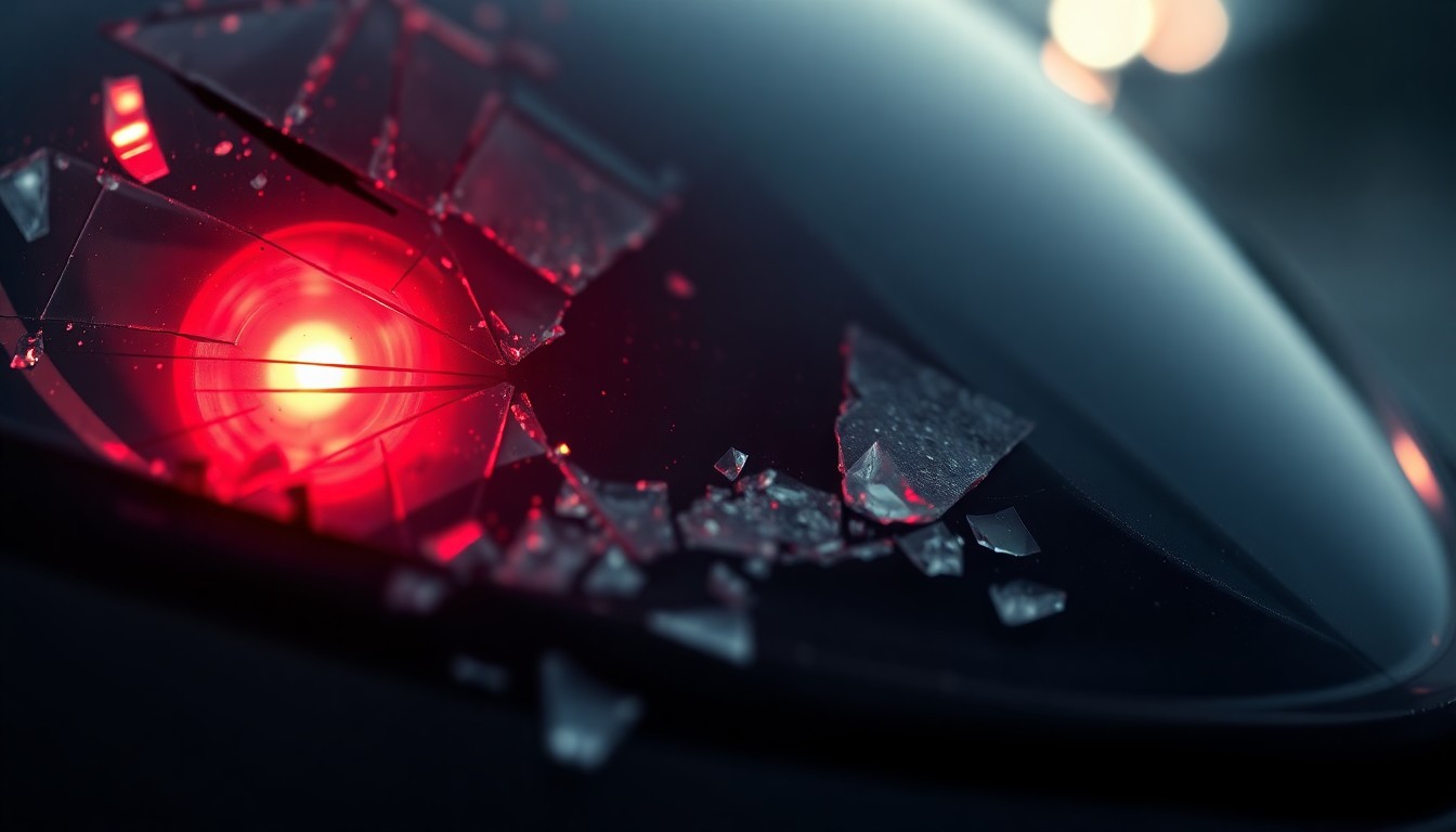 An extreme close-up of a shattered car sensor lens reflecting a faint red light, conceptually illustrating the aftermath of a violent crime.