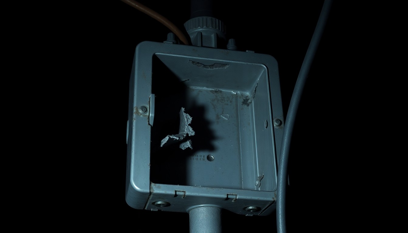 An extreme close-up photograph of a damaged electrical junction box, its metal casing dented and scarred, reflecting a harsh, direct camera flash in the dark, conveying a sense of the disruption caused by the incident.