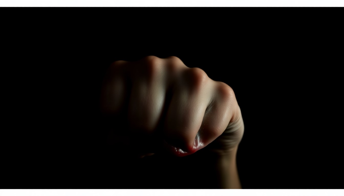 An extreme close-up of a single bloodied knuckle against a stark black background, conceptually representing the physical aftermath of a violent assault.