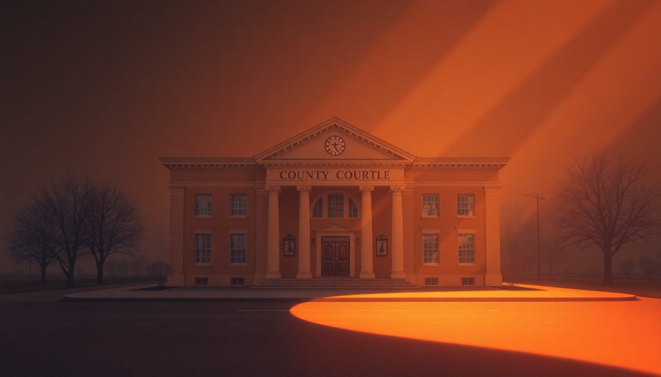 A cinematic painting of an empty county courthouse building, its facade bathed in warm, diagonal sunlight and deep shadows, conveying a sense of civic duty and local government in a small Midwestern town.