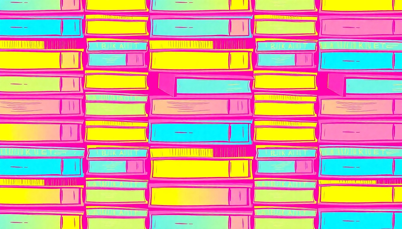 A grid of brightly colored, high-contrast silkscreen images of a stack of textbooks, representing the community's commitment to funding schools.