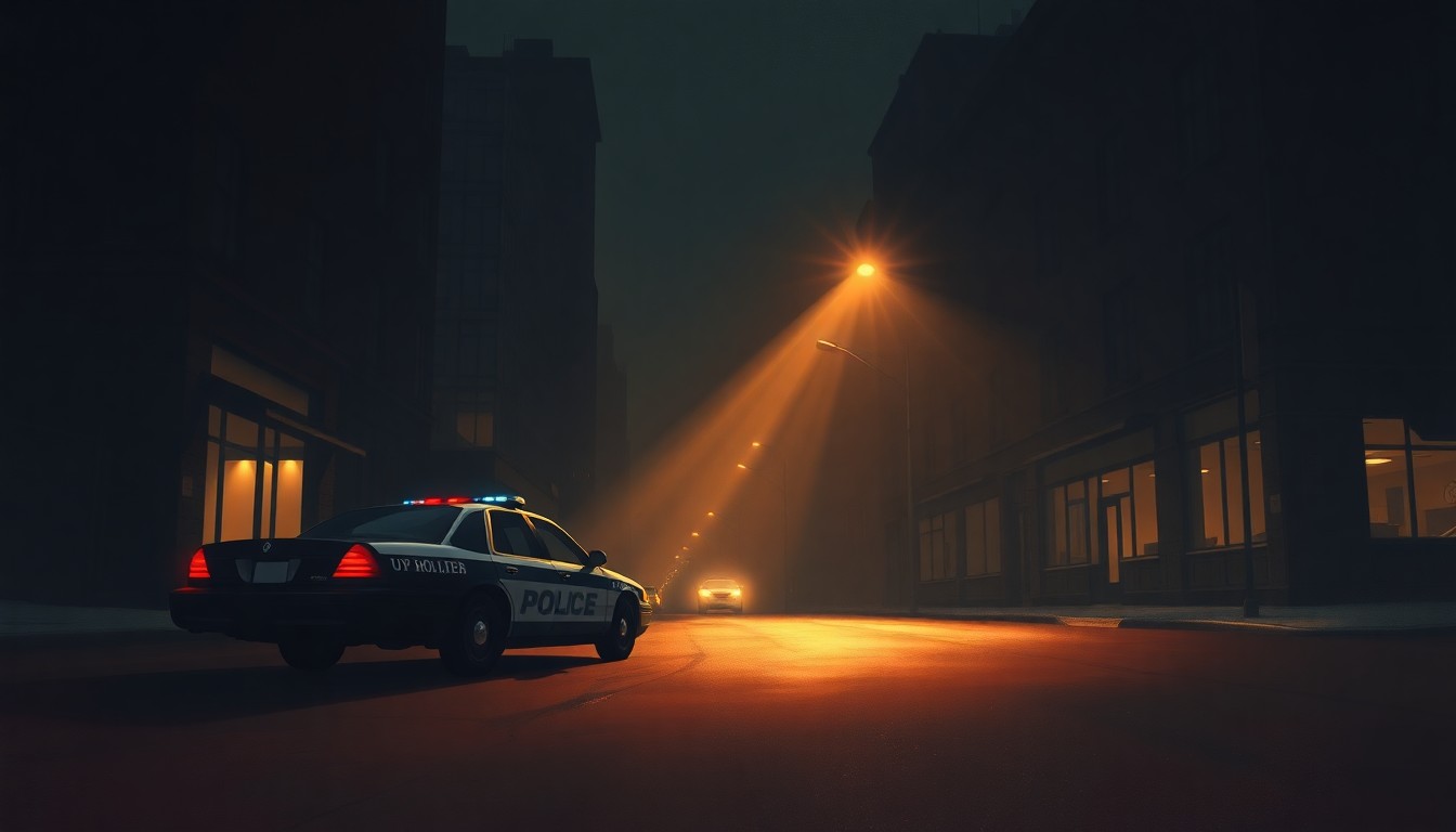 A photorealistic painting of a solitary police car parked on a dimly lit urban street, with warm sunlight casting long shadows across the scene, capturing a sense of quiet contemplation and the broader political tensions at play.