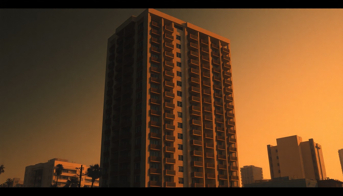 A serene, photorealistic painting of a tall, sleek apartment building in downtown Los Angeles, with the structure bathed in warm, golden light and deep shadows, conveying a sense of contemplation about the city's housing challenges.