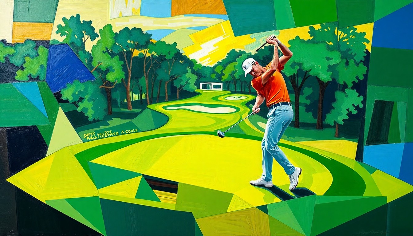 A fractured, cubist-style painting depicting Rory McIlroy's golf swing and the ball's trajectory on the 12th hole at Augusta National, with the iconic Amen Corner landscape rendered in a geometric, abstract style using bold colors.