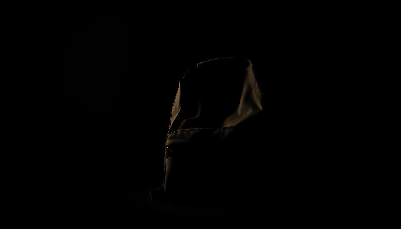 An extreme close-up photograph of a dark red backpack, dramatically lit by a harsh camera flash against a pitch-black background, conceptually representing the mystery and concern surrounding a missing child's disappearance.