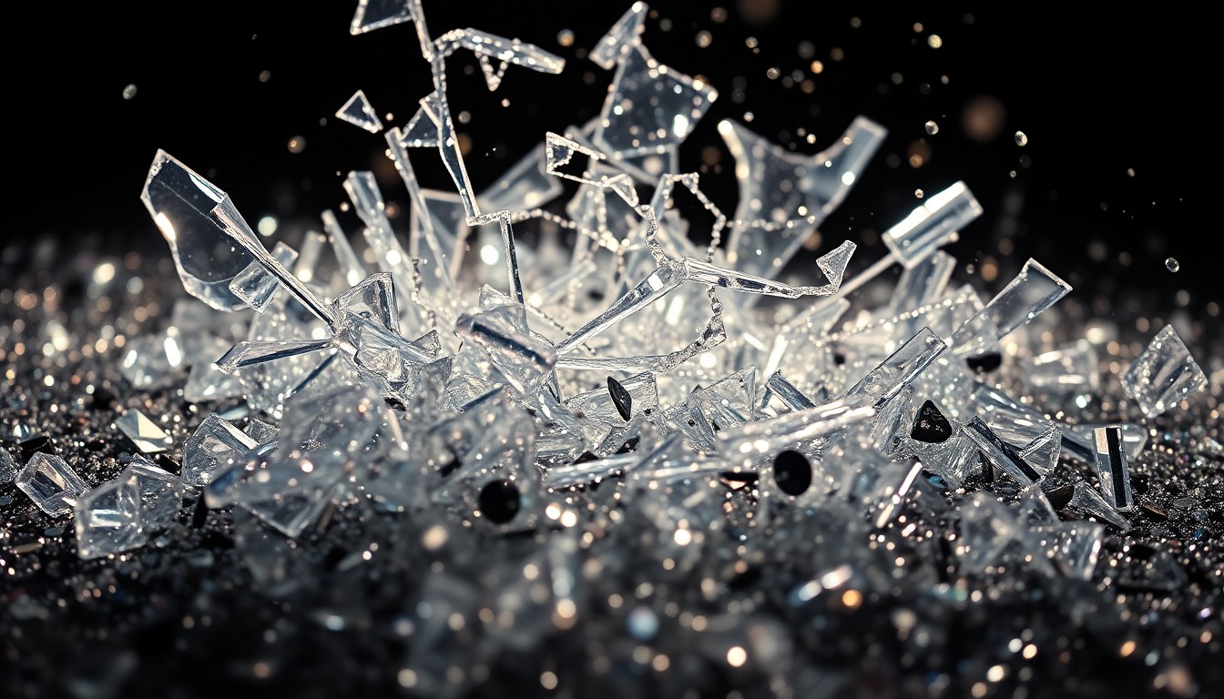 An abstract close-up photograph featuring shattered glass and glittering sequins in high-contrast studio lighting, conveying the glamour and fragility of celebrity culture.
