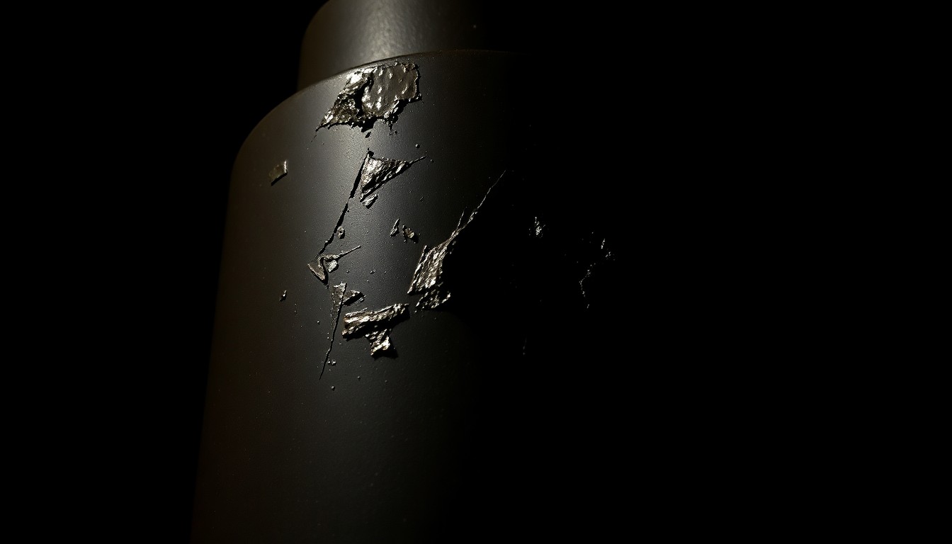 An extreme close-up photograph of a vandalized protective bollard, its damaged surface filling the frame with a stark, gritty aesthetic created by the harsh flash lighting against a black background.