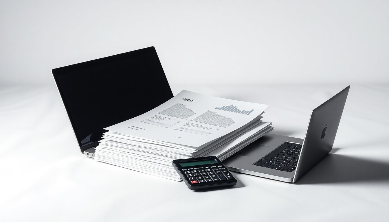 A high-end, photorealistic studio still-life photograph featuring a stack of financial documents, a laptop, and a calculator arranged elegantly on a clean, white seamless background. The objects are made from polished raw materials and clean geometric shapes, using sharp, dramatic studio lighting and deep shadows to represent the abstract concepts of corporate finance, risk, and compliance.