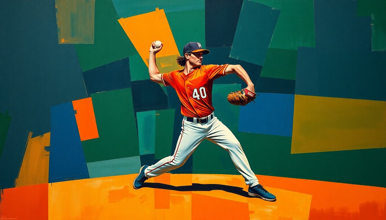 A fragmented, geometric painting depicting a baseball pitcher's windup and delivery from multiple angles, with sharp planes of navy blue, forest green, and burnt orange colors.