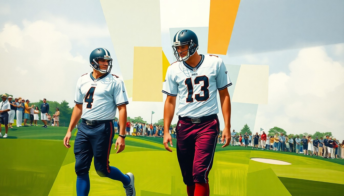 A cubist-style painting depicting two figures in football uniforms, their bodies and faces fractured into sharp, overlapping geometric shapes, walking together on a golf course.