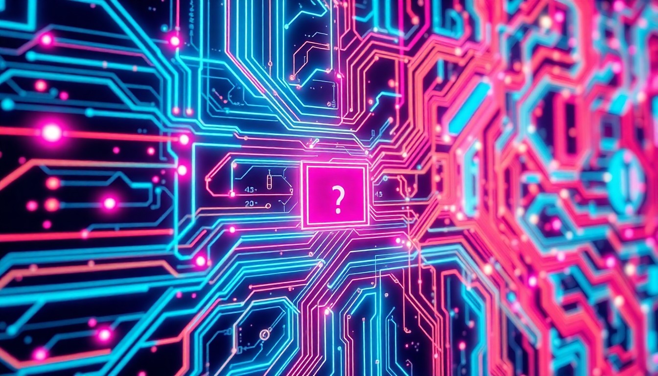 A highly detailed, 3D illustration of a glowing, neon-lit circuit board with pulsing data streams and interconnected nodes, conceptually representing the complex AI infrastructure behind NeuroTrader's multi-model crypto trading platform.