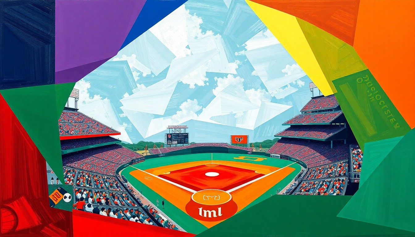 A fragmented, geometric painting in the style of Picasso, using sharp planes of the team colors of South Florida and Miami to conceptually represent the intensity and competition of a college baseball matchup between the two programs.