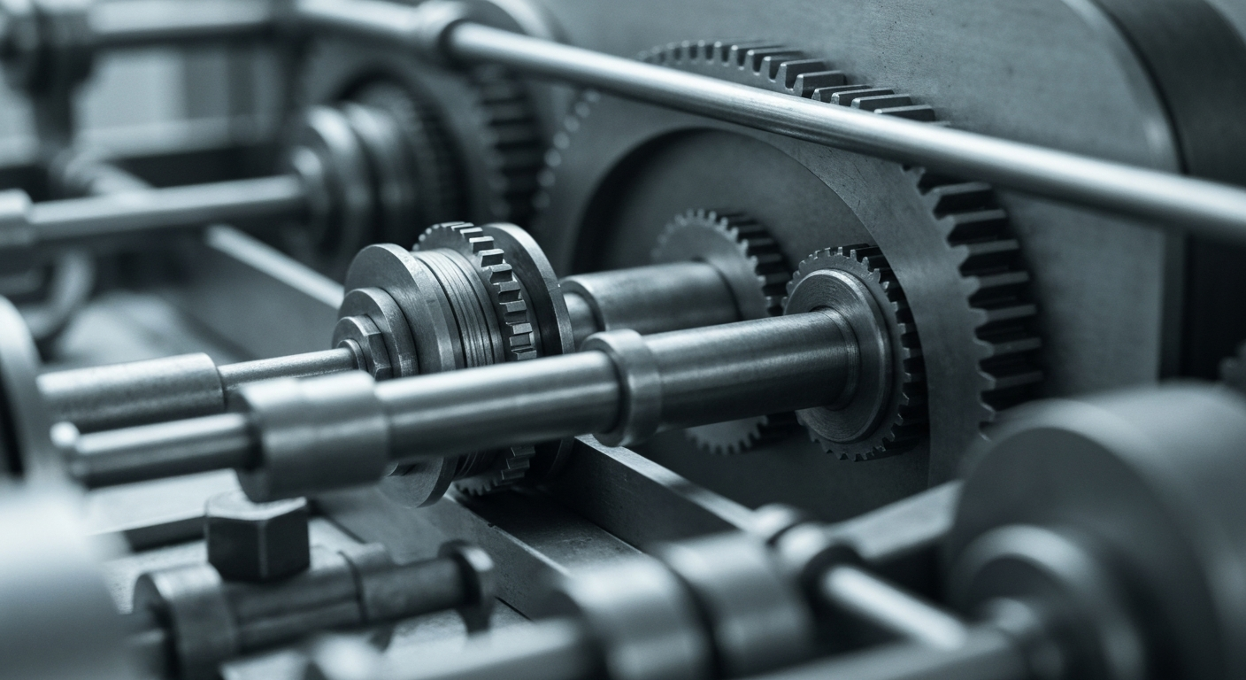 An extreme close-up of intricate, metallic gears and machinery, conveying the complex, interconnected nature of global financial systems and markets.