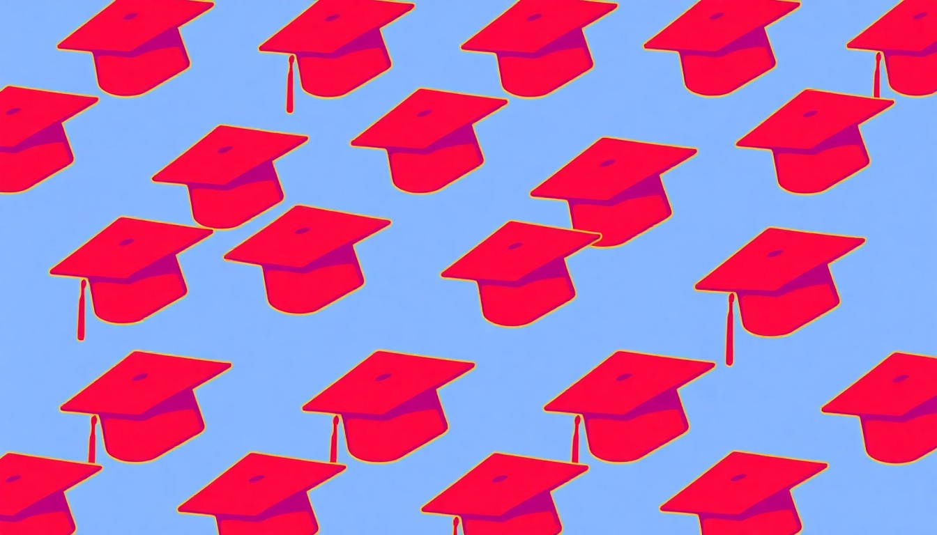 A highly stylized, abstract grid of neon-colored graduation caps in a pop art silkscreen style, conceptually representing the transition to new leadership at the University of Montana.