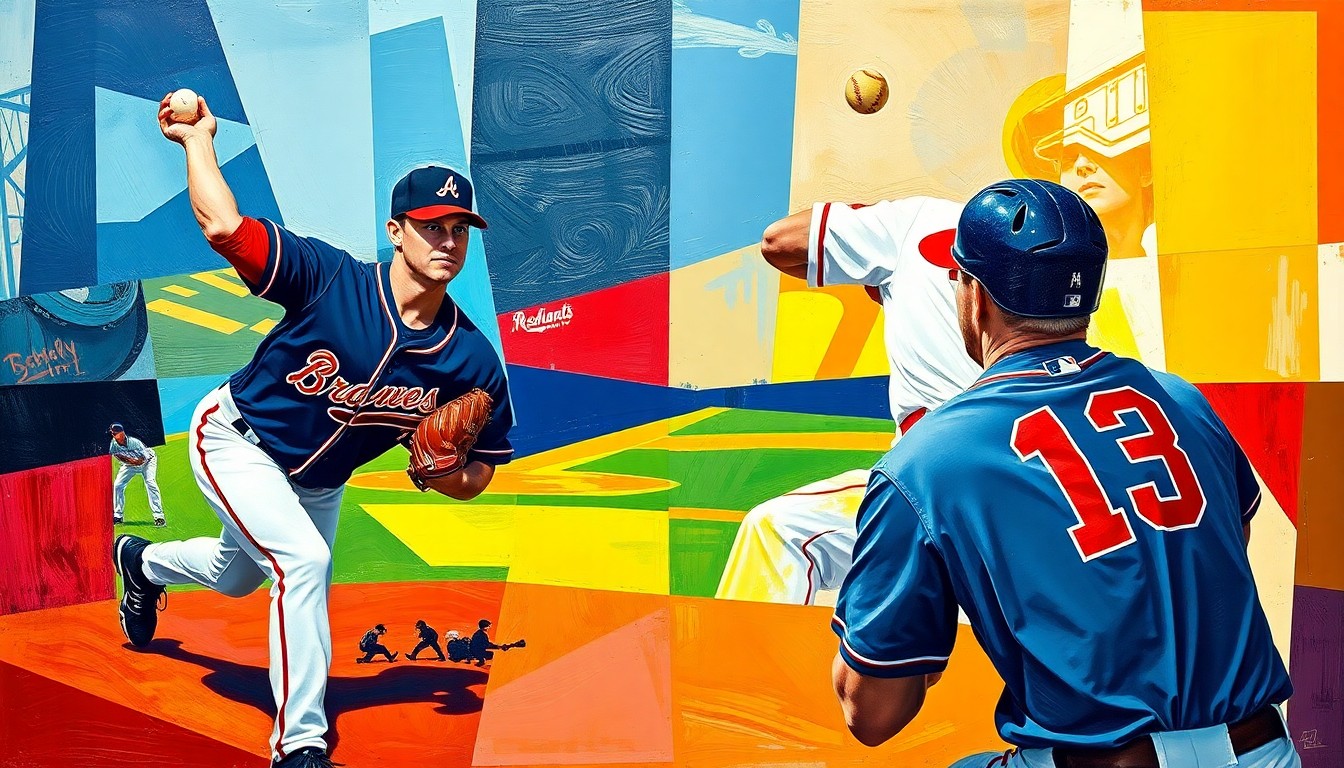 A cubist, geometric painting depicting the motion of a baseball pitcher throwing a pitch and a catcher receiving the ball, with the players' forms broken down into sharp, overlapping planes of navy blue, red, and white.