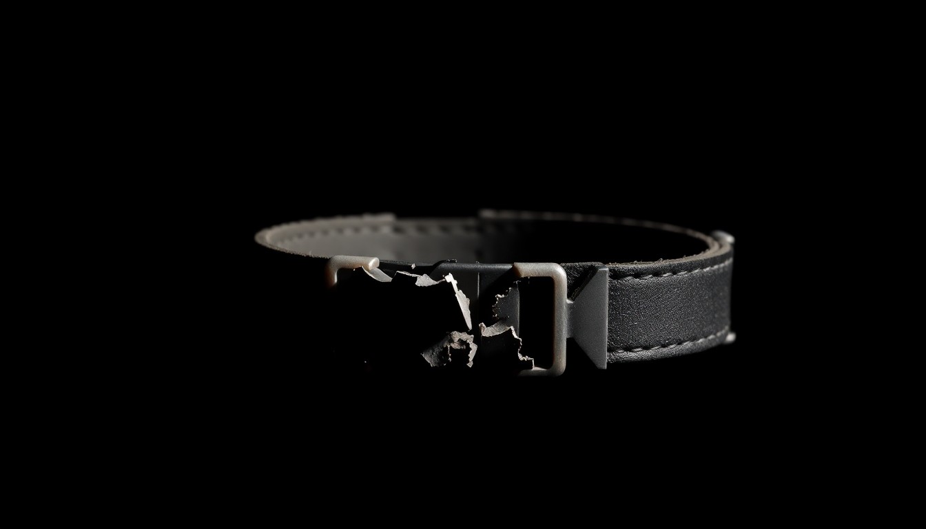 An extreme close-up photograph of a shattered dog collar against a pitch-black background, lit by a harsh, direct camera flash, conceptually representing the disturbing animal abuse uncovered in this investigation.
