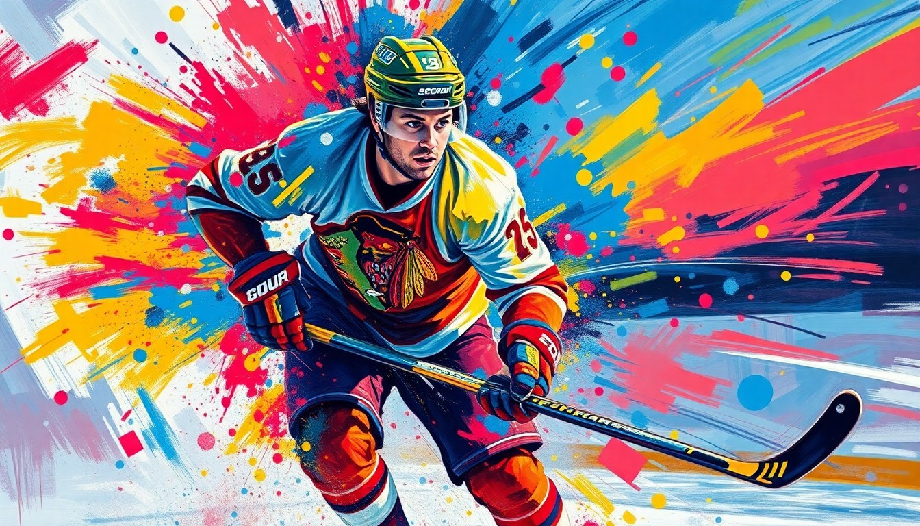 An abstract, expressionist painting featuring bold, neon-colored brushstrokes that capture the dynamic movements and raw energy of a hockey player on the ice, with the player's face and jersey dissolving into unrecognizable splatters of color.