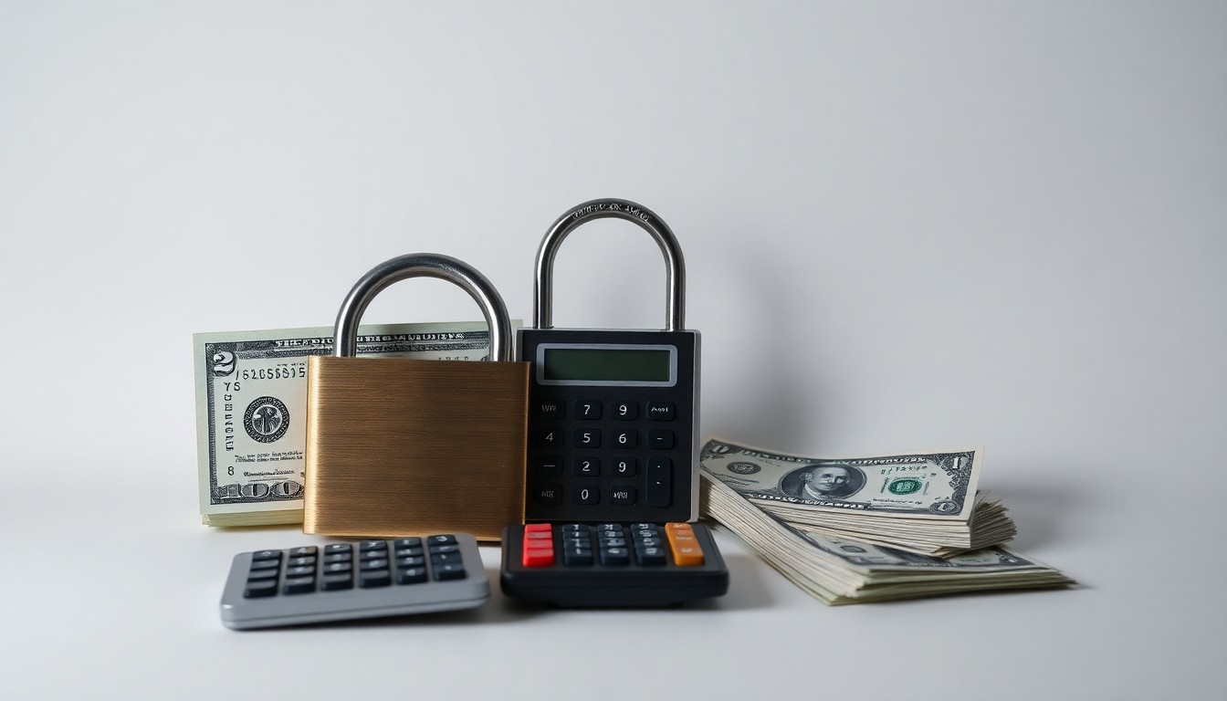 A high-end, photorealistic studio still-life photograph featuring a padlock, calculator, and stack of dollar bills arranged elegantly on a clean, monochromatic background, conceptually representing the business and financial factors behind 7-Eleven's planned store closures.