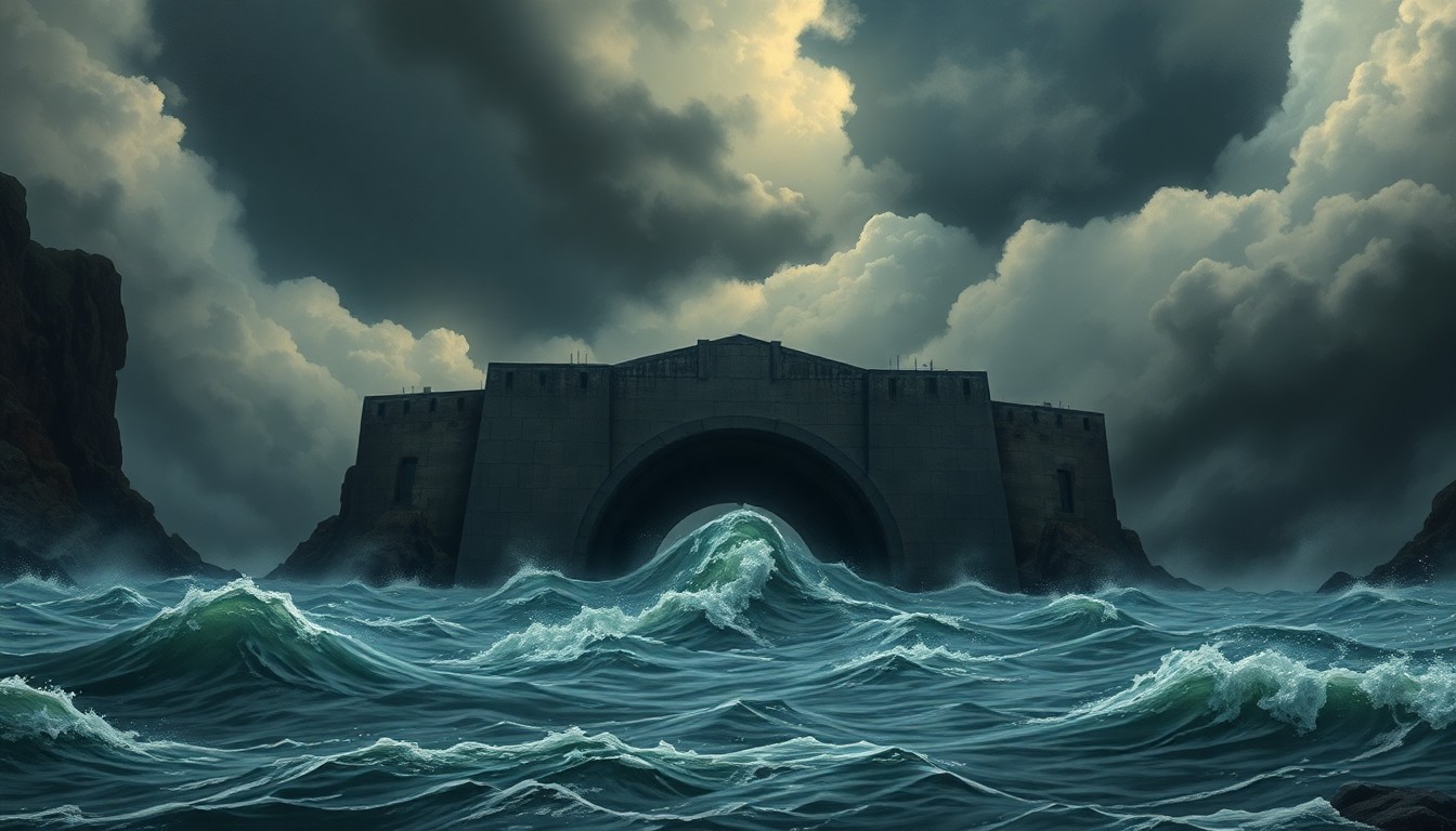 A sweeping, atmospheric landscape painting depicting a flooded urban tunnel entrance partially obscured by swirling floodwaters, conveying the overwhelming power of nature.