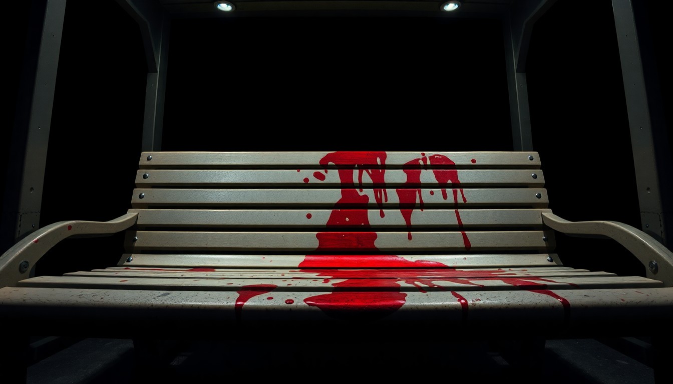 An extreme close-up photograph of a blood-stained bus stop bench, the harsh lighting and stark contrast creating a gritty, investigative aesthetic that conceptually represents the public safety issues surrounding recent transit violence in Austin.