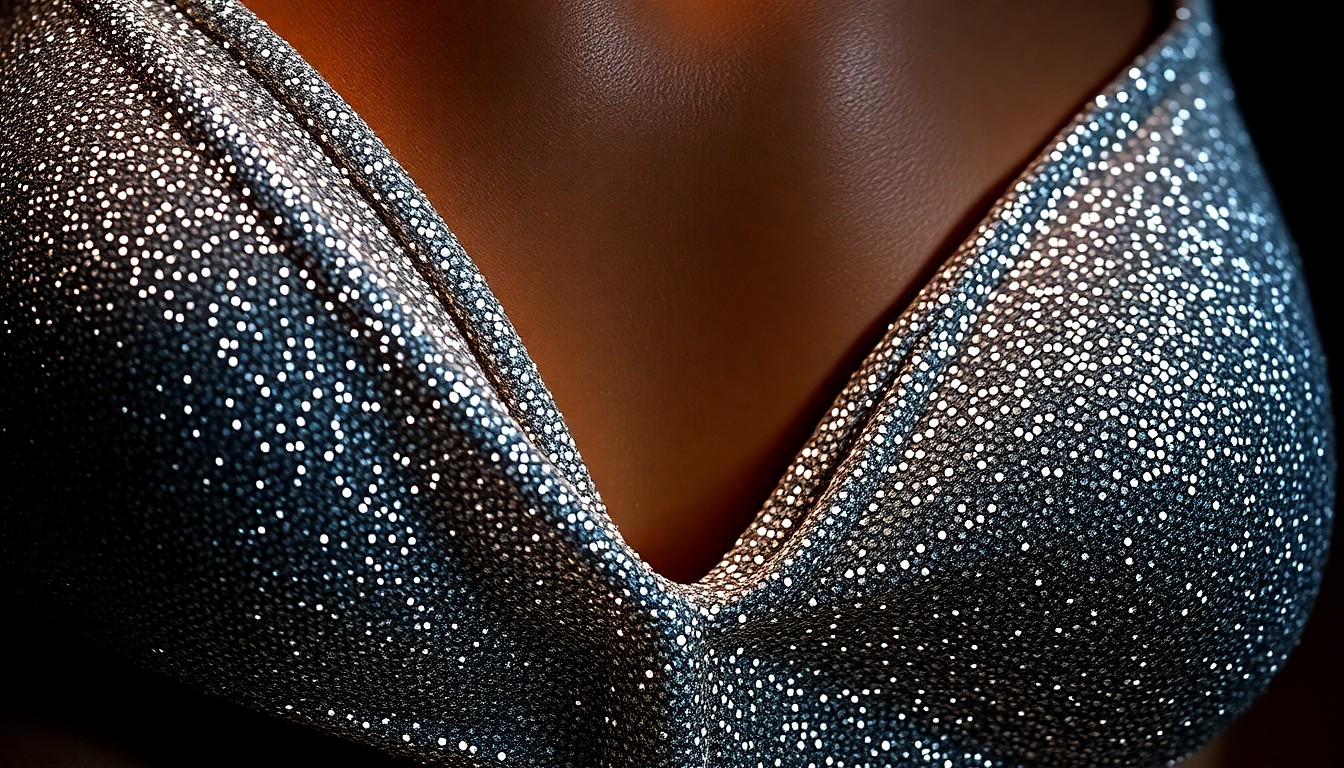 An extreme close-up of shimmering, glittering bikini fabric reflecting dramatic studio lighting, conceptually representing the glamour and allure of Jutta Leerdam's viral social media post.