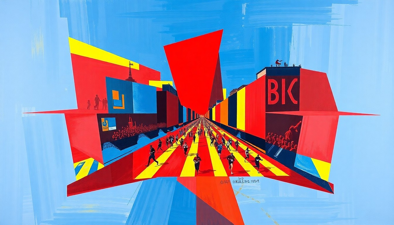 A cubist-style painting depicting the Boston Marathon as a fractured, multi-perspective scene of overlapping geometric shapes in a vibrant color palette, capturing the energy and movement of the historic race.