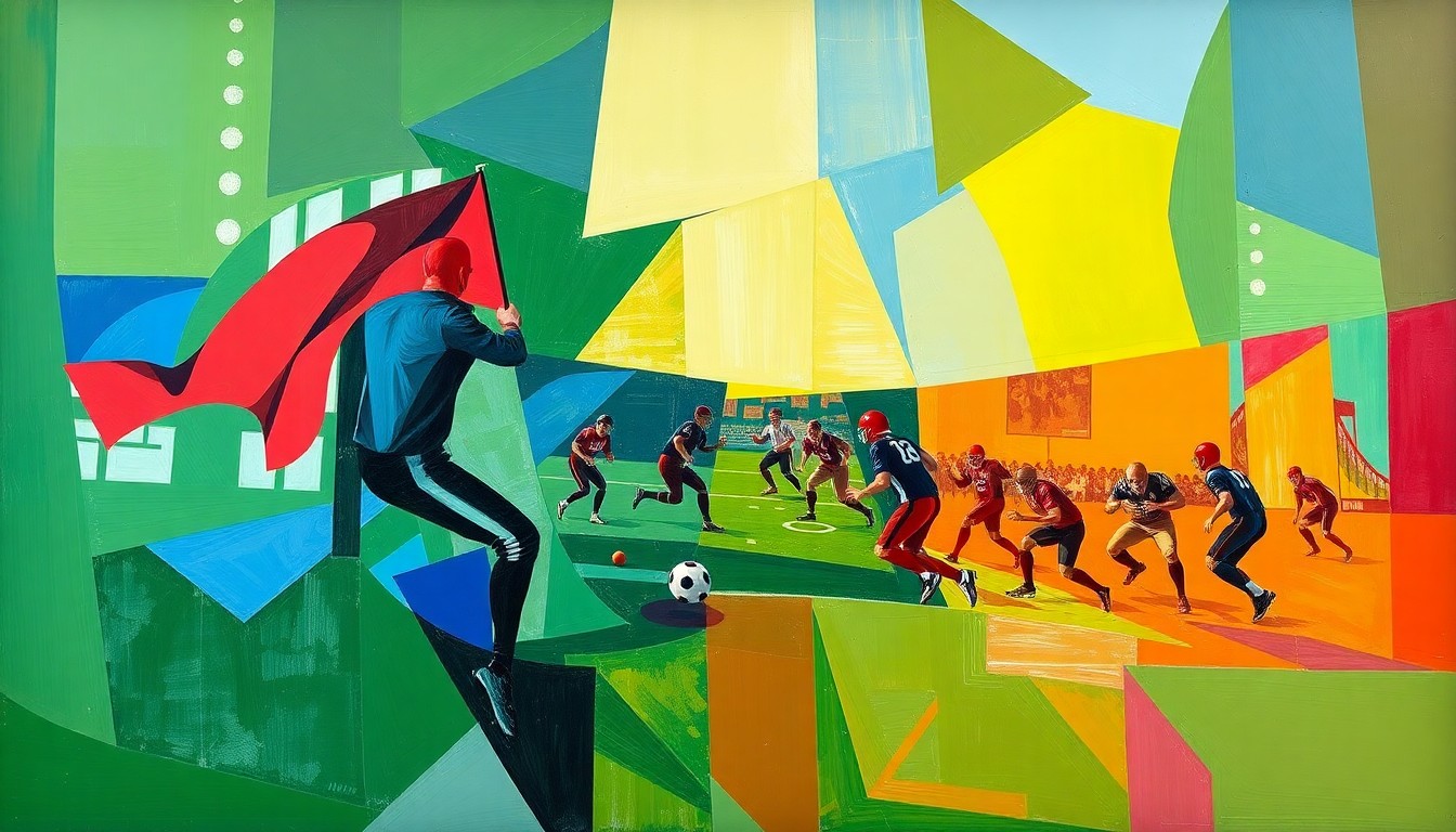 A cubist, geometric painting depicting a flag football game, with the players and field broken down into overlapping, angular shapes in a vibrant color palette, conveying the inclusive and accessible nature of the Westfield Champions minicamp.