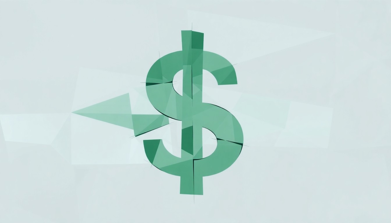 A dynamic, fragmented painting of a dollar bill symbol in shades of green and grey, conveying the complex, bureaucratic machinery of tax collection.