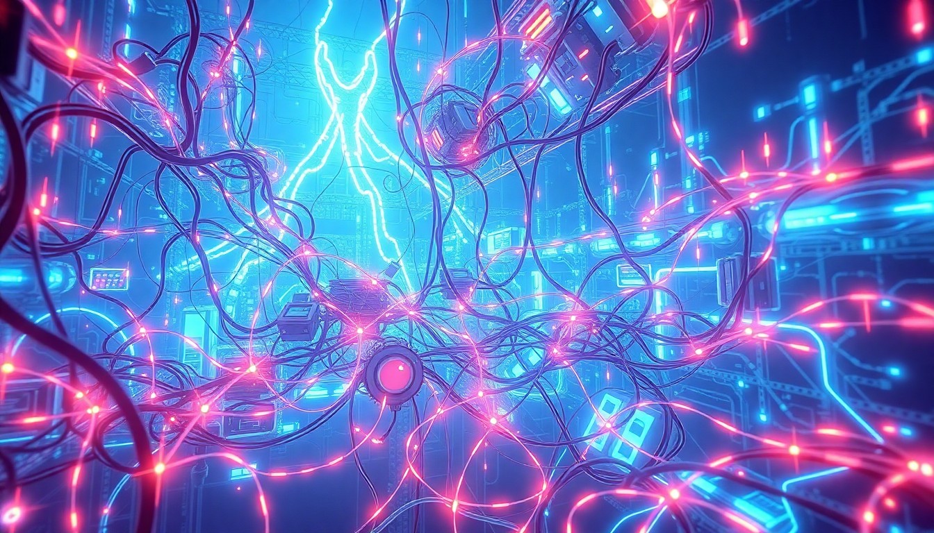 A highly detailed, glowing 3D illustration of a tangled web of neon-lit digital infrastructure and data cables, representing the complex and opaque systems of a major social media platform. The image conveys a sense of the immense scale and power of these technological systems, as well as the potential dangers they pose to vulnerable users.