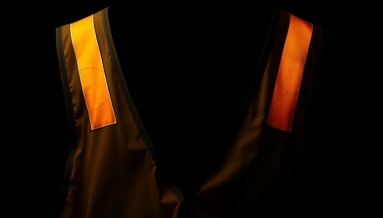 An extreme close-up photograph of a cracked and scuffed reflective safety vest, capturing the gritty, stark, and investigative mood of the crime incident.