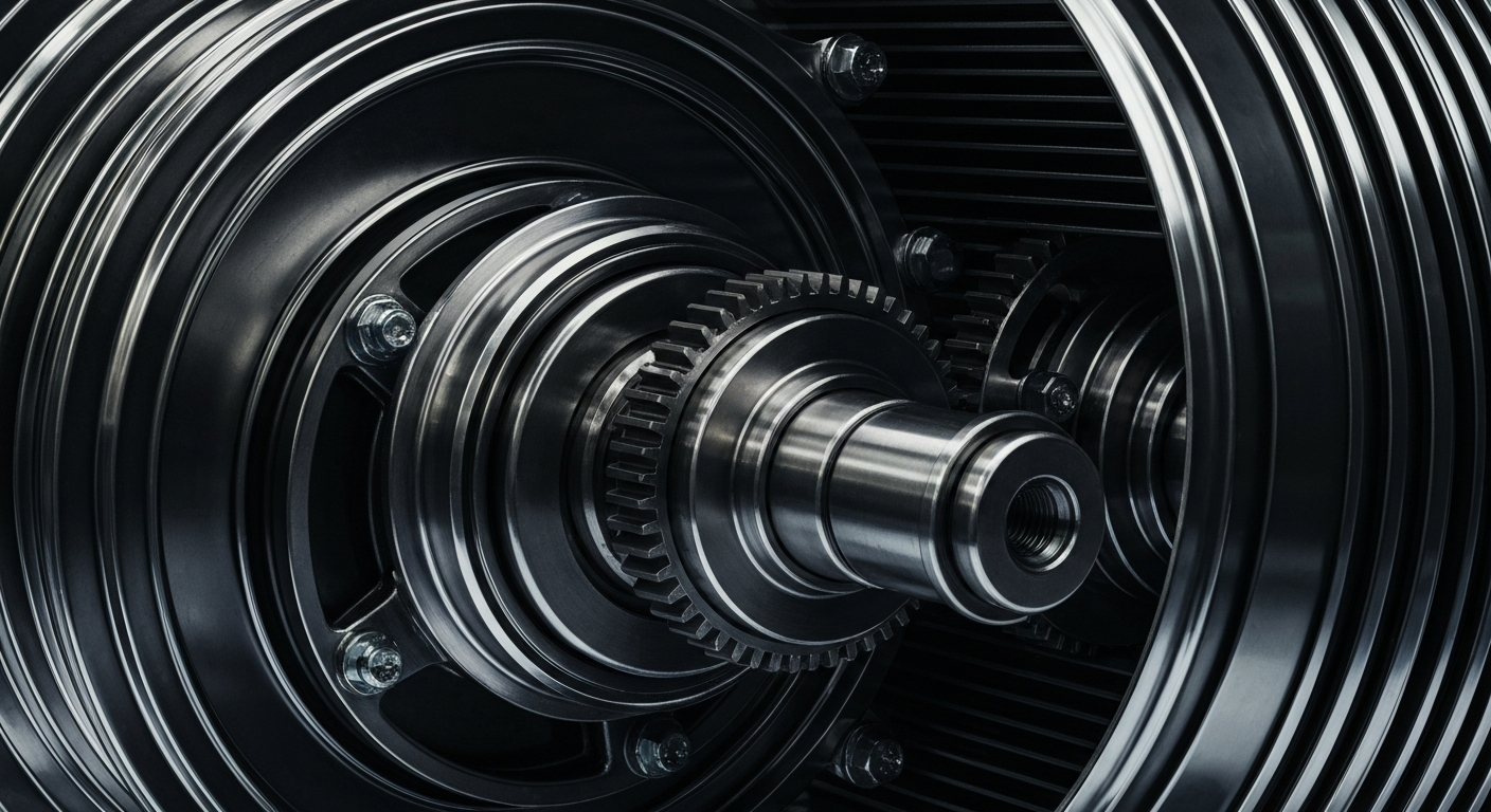 A close-up of a highly detailed, industrial electric motor or generator, its intricate mechanical parts and gears filling the frame in a high-contrast, cinematic style that emphasizes the power and precision of the device.