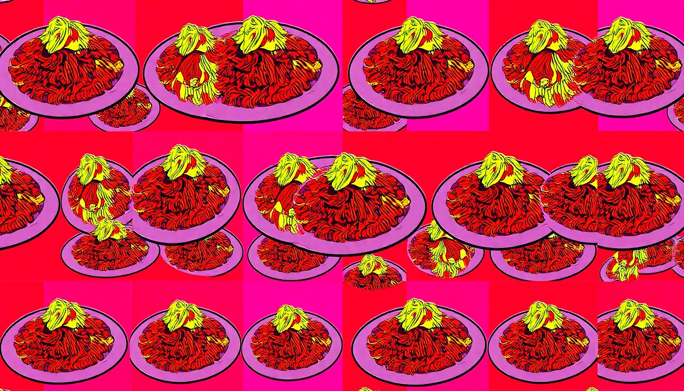 A vibrant, high-contrast silkscreen illustration featuring a repeated pattern of a single iconic P.F. Chang's dish, such as a plate of Mongolian beef or a stack of lettuce wraps, rendered in a bold, pop art style with flat, neon colors and heavy black outlines.