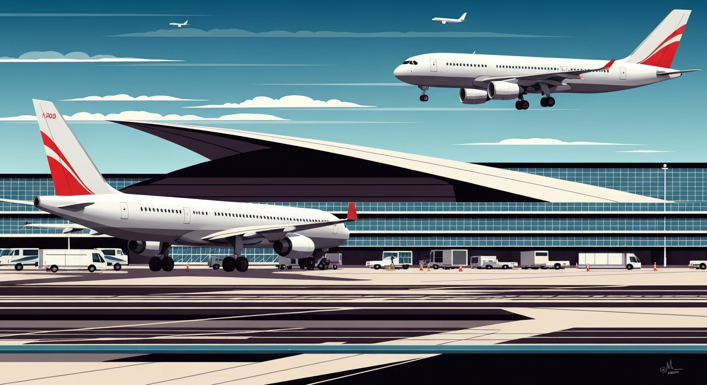 A bold, geometric illustration in the Art Deco style, depicting the sweeping, monumental forms of airport architecture and aircraft in motion, conveying the grand scale and importance of these global transportation hubs.