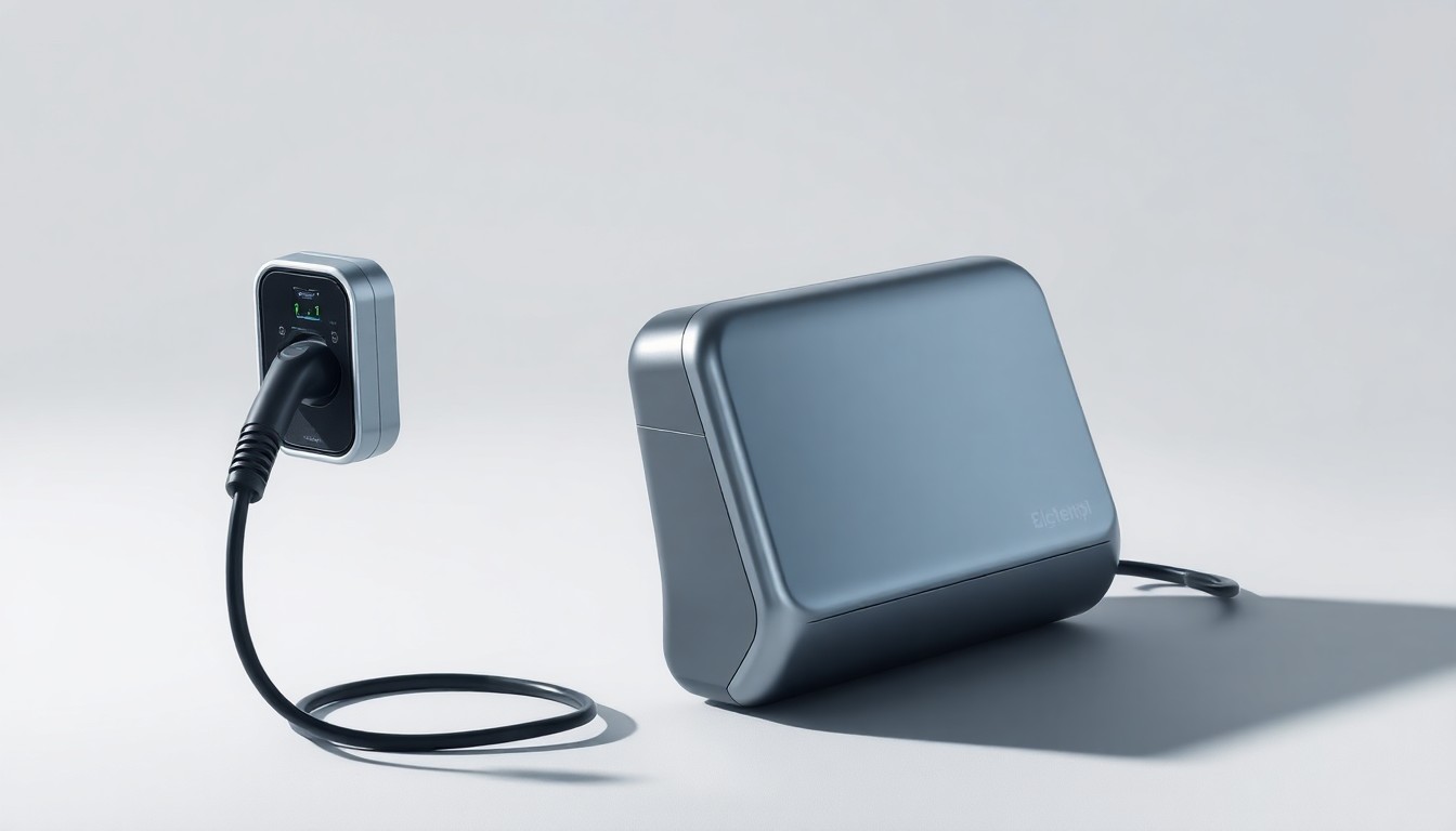 A high-end, photorealistic studio still-life photograph featuring a sleek, metallic electric vehicle charging port and battery pack arranged elegantly on a clean, monochromatic background, conceptually representing Lightship Energy's focus on American-made, sustainable mobility technology.