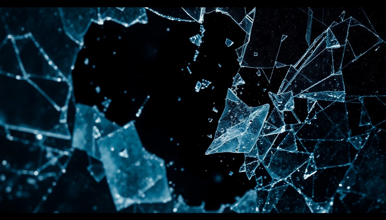 An extreme macro photograph of shattered glass and twisted metal in high-contrast studio lighting, conveying the intense action and survival thriller elements of the 'Deep Water' film.