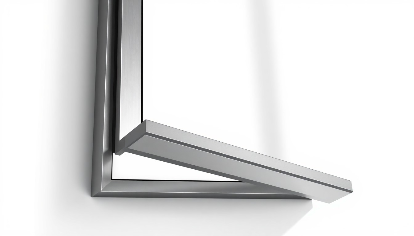 A photorealistic studio still-life image of a sleek, modern window frame made of brushed aluminum and tempered glass, resting on a clean, white background and casting dramatic shadows to highlight the premium materials and craftsmanship.